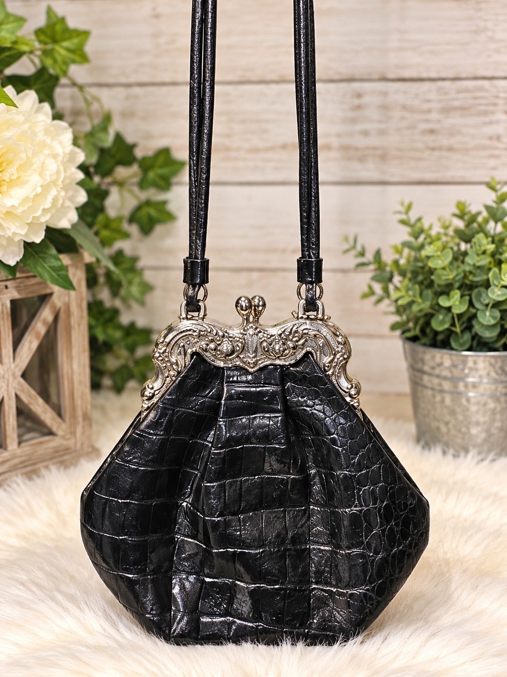 Brighton Black Croc-Embossed Vintage Frame Shoulder Bag